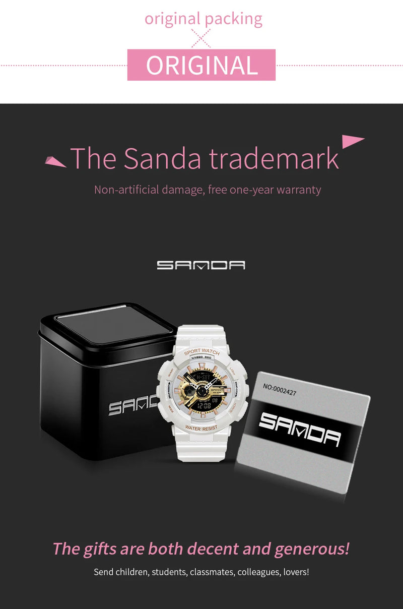 Fashion Sanda Top Brand Outdoor Sport White Digital Watch Women Alarm Clock 3bar Waterproof Shock Military Watches Led Display