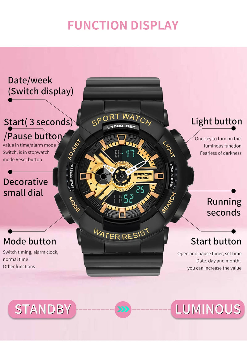 Fashion Sanda Top Brand Outdoor Sport White Digital Watch Women Alarm Clock 3bar Waterproof Shock Military Watches Led Display