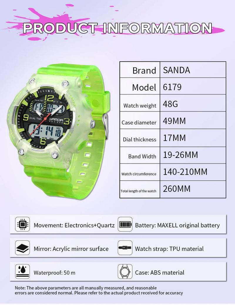 SANDA Watch Boys Girls New Student Sports Quartz Electronic Watch Black Technology Multi functional Waterproof Exam Watch 2024