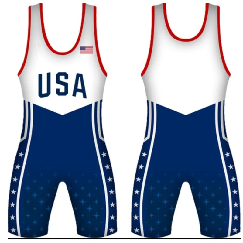 New Style Mens Usa Wrestling Singlets Suit Sleeveless Weightlifting Clothing Boxing Skinsuit One-piece Tights Run Race Speedsuit