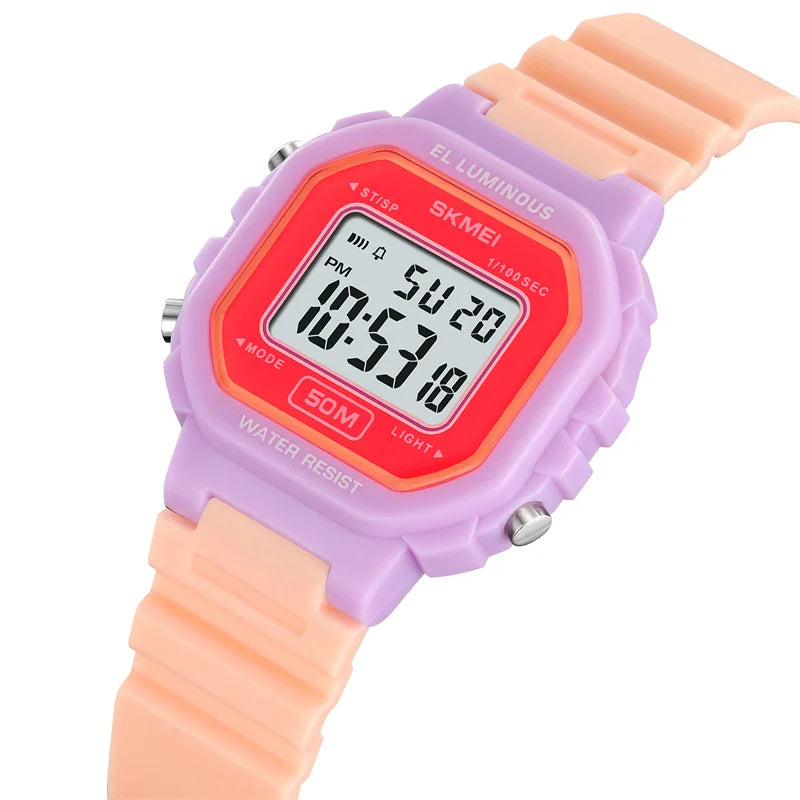 Skmei Womens LED Chronograph Sports Watches Fashion TPU Strap Waterproof Swimming Digital Electronic Wristwatch