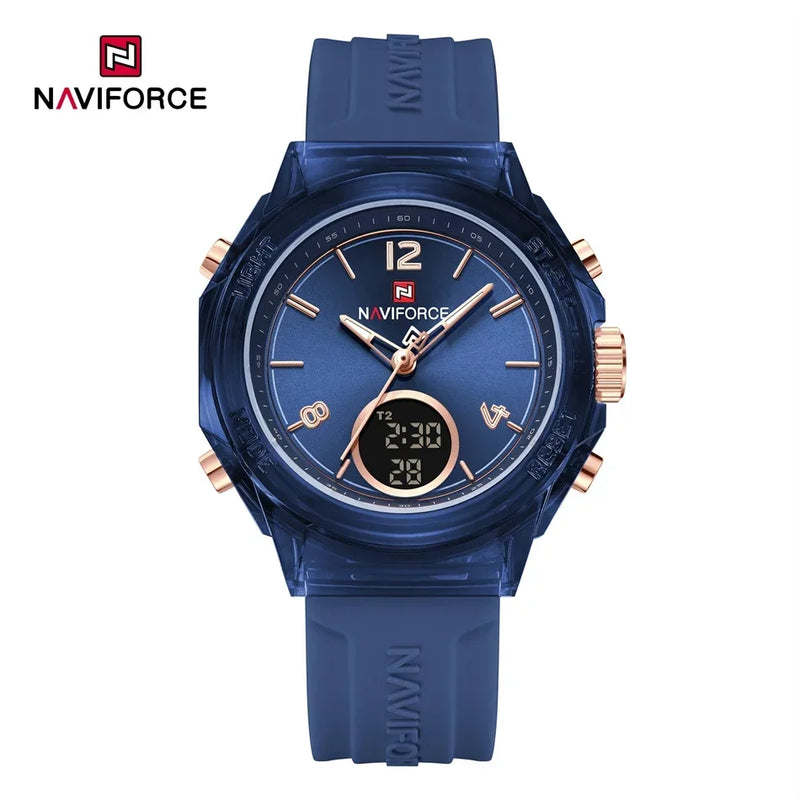 NAVIFORCE Quartz Watch for Ladies Fashion Women's Dual Display Watches Quartz Waterproof Silicone Luminous Wristwatch Women Gift