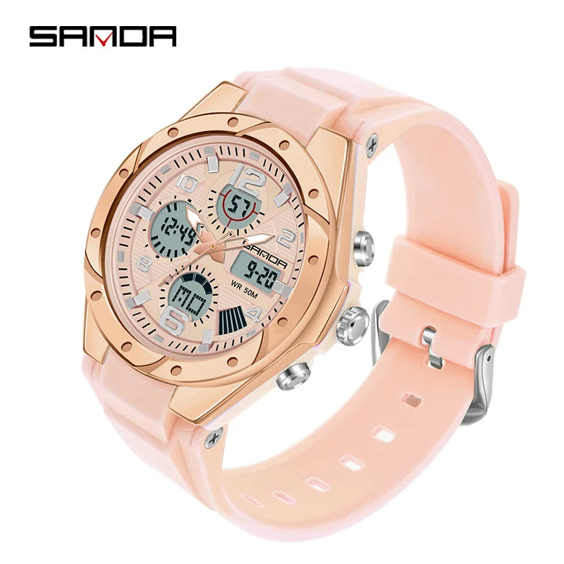 SANDA 6062 Luxury New Ms. LED Digital Sport Watch Fashion Casual Women Girl Military 50M Waterproof Quartz Ms. Wristwatches