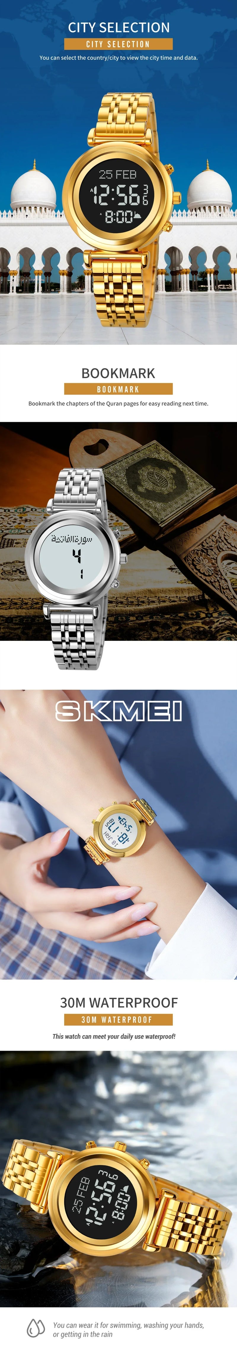 SKMEI 1892  Pilgrimage Time Reminder Qibla Direction Function Watch Muslim Digital Watch Women Led Light Display Sport Watch