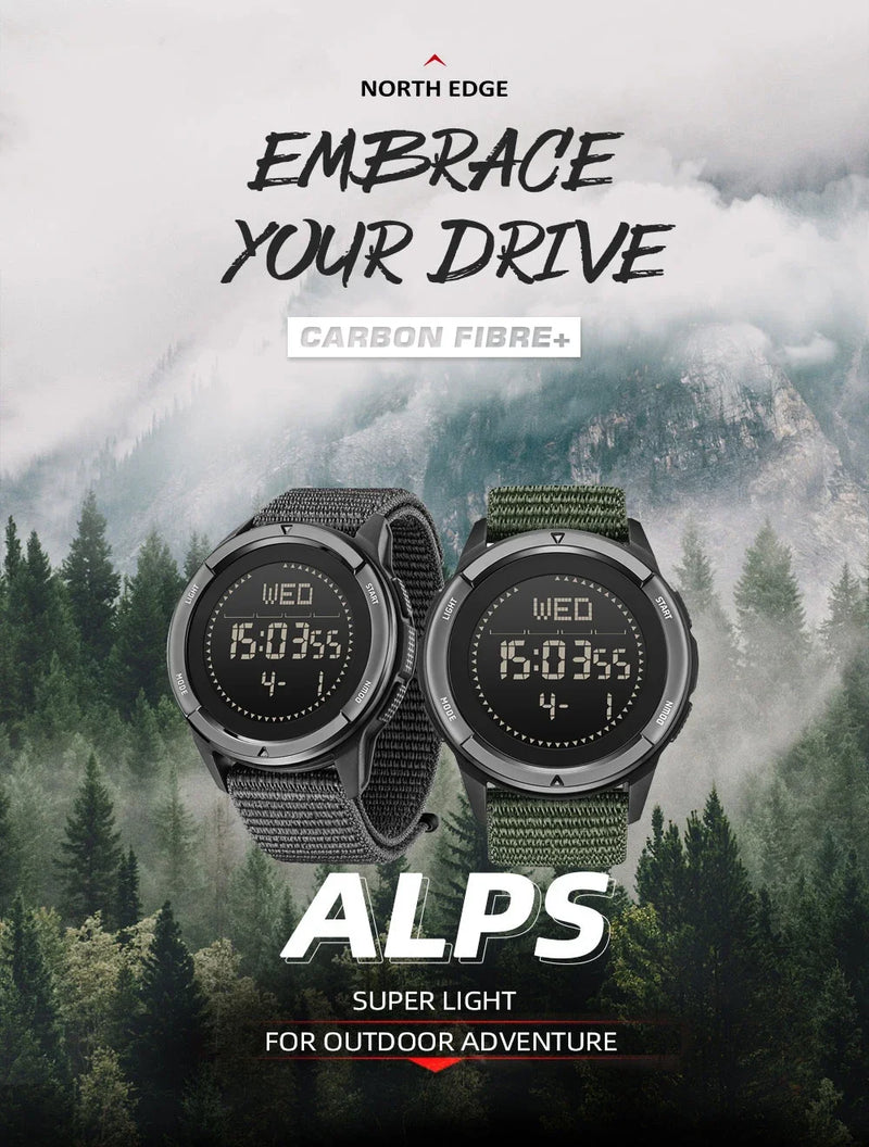 NORTH EDGE ALPS Men's Digital Carbon fiber Watch Shock Militray Sports Super Light Outdoor Compass Waterproof 50M Wristwatches