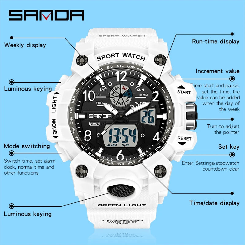 Fashion Sanda Brand Youth Military Sports Trend Korean Electric Led Multifunction Lady Creative Personality Student Gift Watch