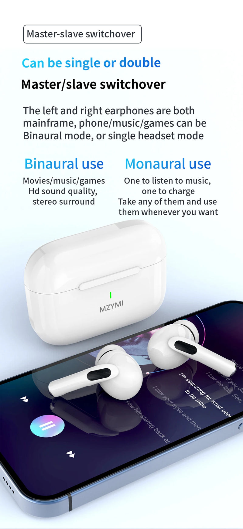 MZYMI ANC Bluetooth 5.3 Earphones In Ear Buds Waterproof Headphones Wireless Headset Built-in Microphone With Charging Case