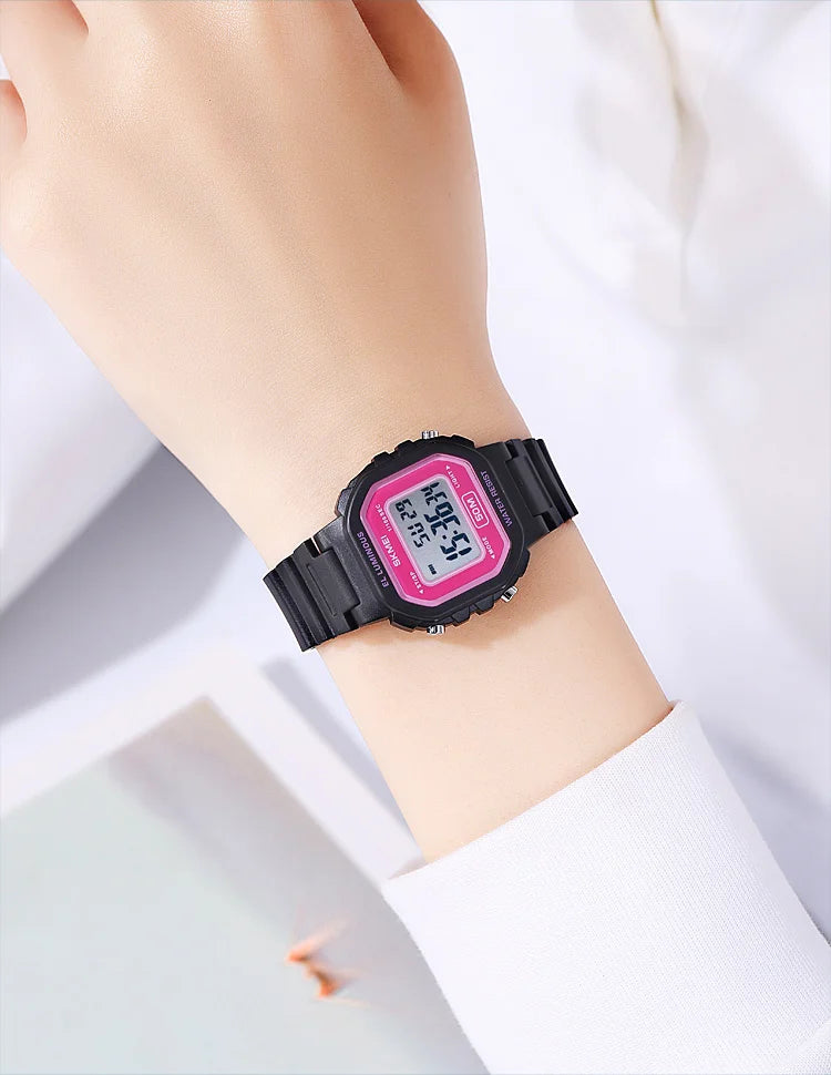 Skmei Womens LED Chronograph Sports Watches Fashion TPU Strap Waterproof Swimming Digital Electronic Wristwatch