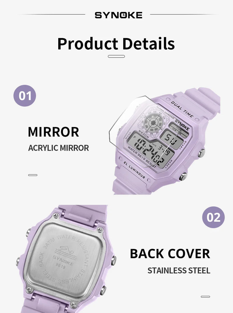 SYNOKE Digital Watches Lady Sports Luminous Multifunction Waterproof Chrono Wristwatch Outdoor Girls Fashion Student Watch New