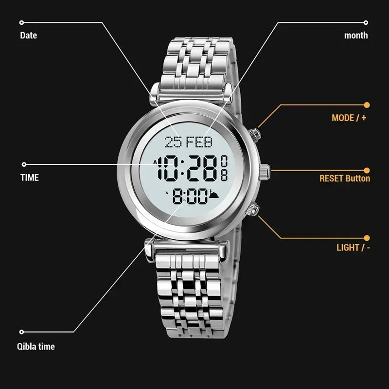 SKMEI 1892  Pilgrimage Time Reminder Qibla Direction Function Watch Muslim Digital Watch Women Led Light Display Sport Watch