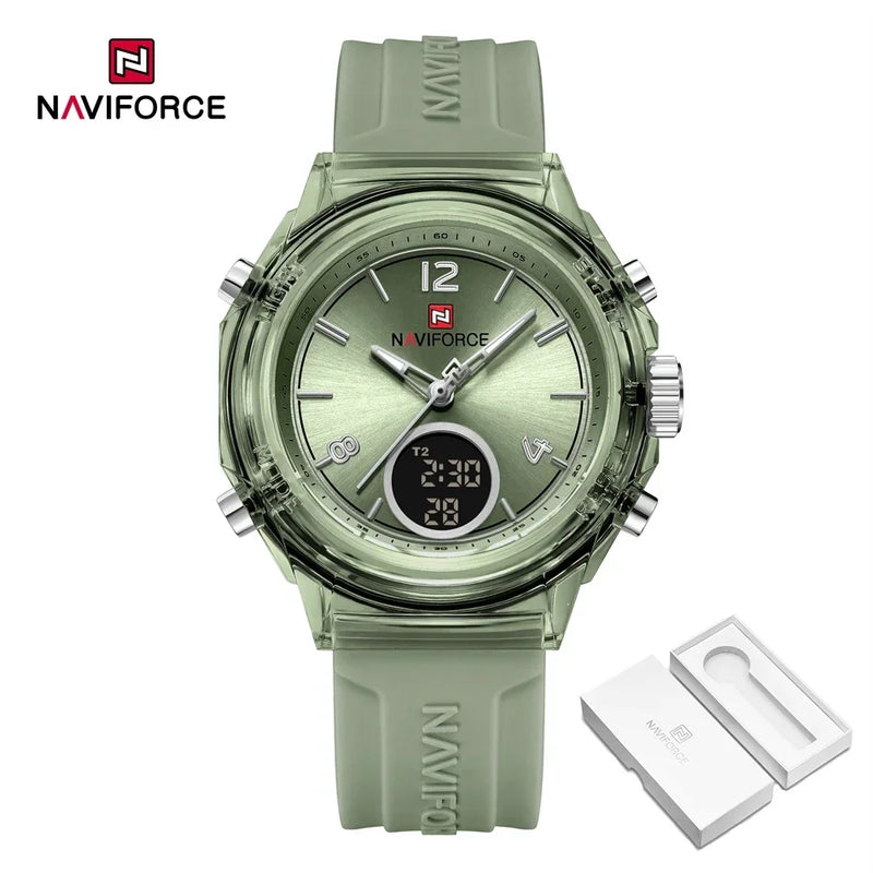 NAVIFORCE Quartz Watch for Ladies Fashion Women's Dual Display Watches Quartz Waterproof Silicone Luminous Wristwatch Women Gift