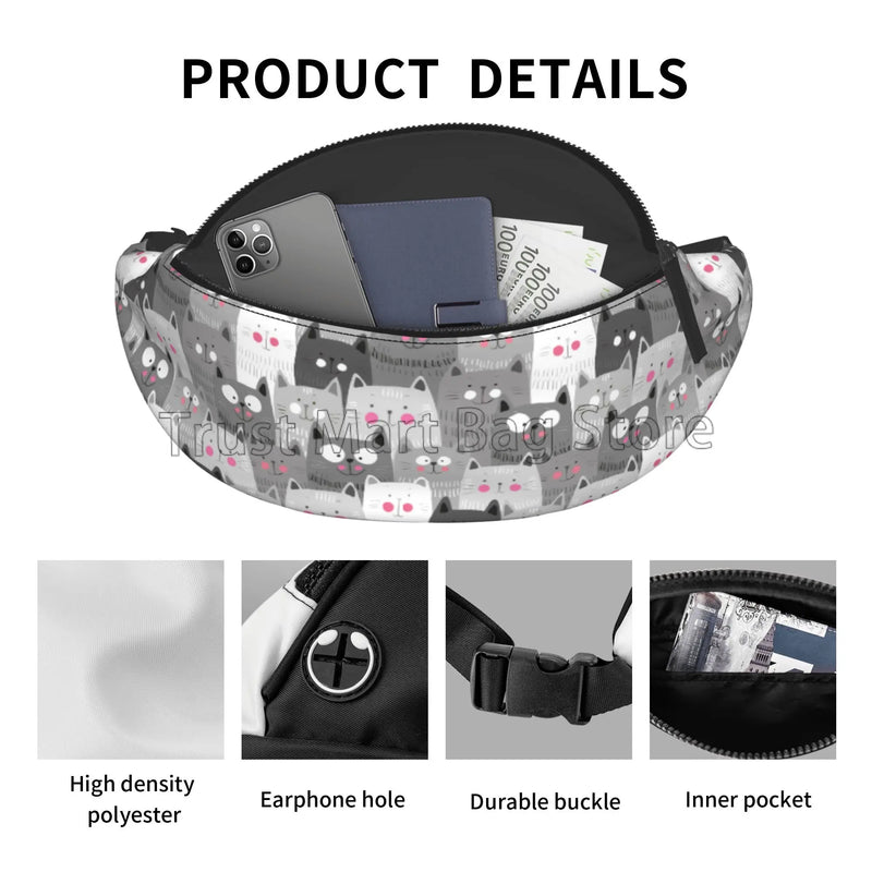 Kawaii Cats Casual Fanny Pack for Men Women Cartoon Anime Cat Chest Bag Waist Bag with Adjustable Belt for Travel Sports Running