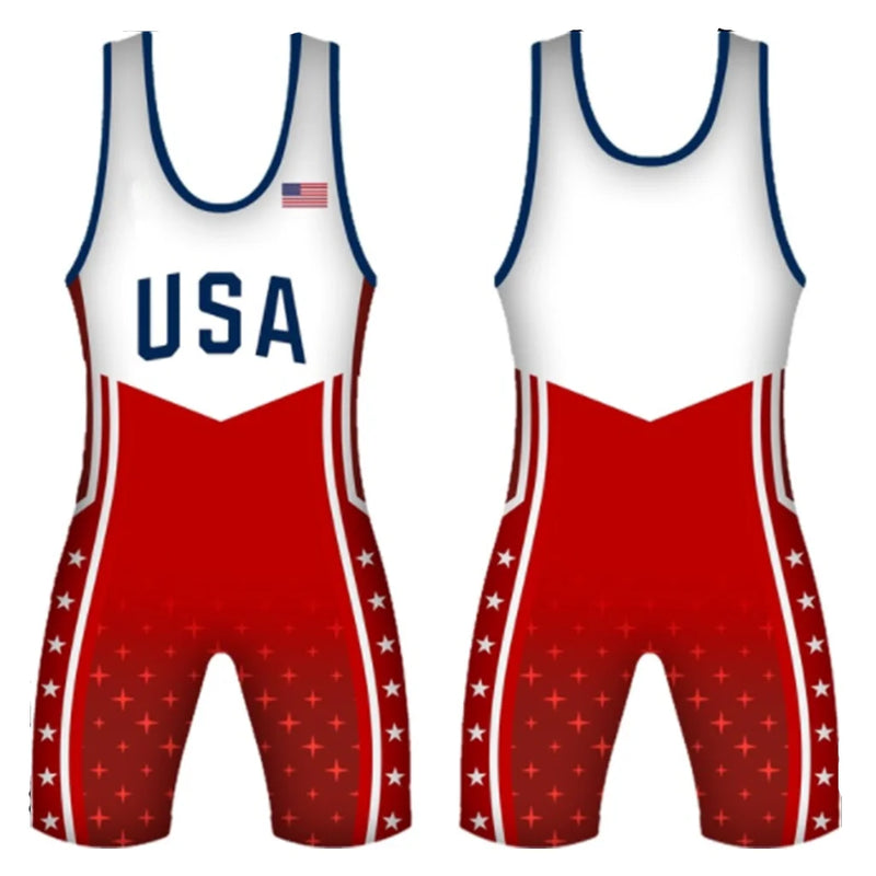 New Style Mens USA Wrestling Singlets Suit Sleeveless Weightlifting Clothing Boxing Skinsuit One-Piece Tights Run Race Speedsuit