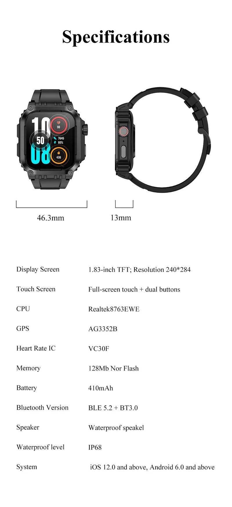 Outdoor Sports GPS Smart Watch Heart Rate Blood Oxygen Health Blue Tooth Call Watches IP68 Waterproof Smartwatch 410Mah Battery