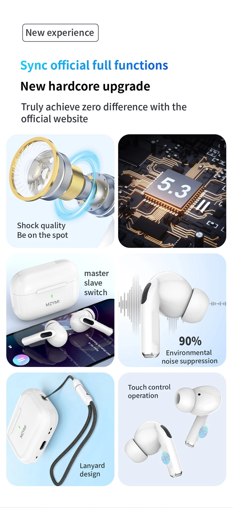 MZYMI ANC Bluetooth 5.3 Earphones In Ear Buds Waterproof Headphones Wireless Headset Built-in Microphone With Charging Case