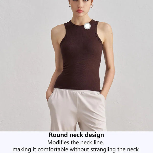 HAUT SHARK Ribbed Round Neck Sports Vest for Women with Chest Pads All-match Slim Fit Yoga Top Pilates Sleeveless Yoga Clothes