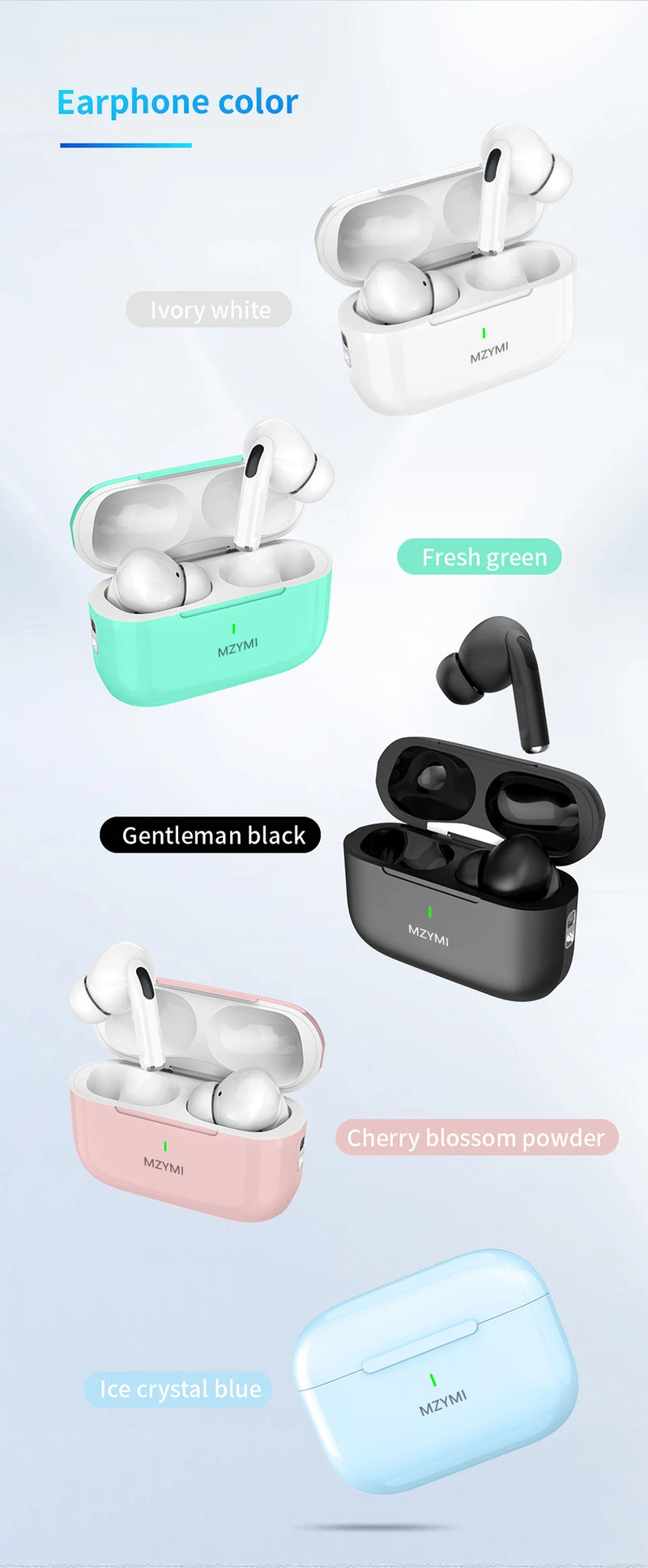 MZYMI ANC Bluetooth 5.3 Earphones In Ear Buds Waterproof Headphones Wireless Headset Built-in Microphone With Charging Case