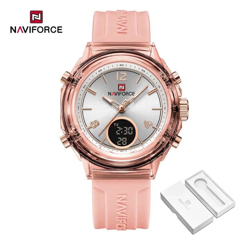 NAVIFORCE Quartz Watch for Ladies Fashion Women's Dual Display Watches Quartz Waterproof Silicone Luminous Wristwatch Women Gift