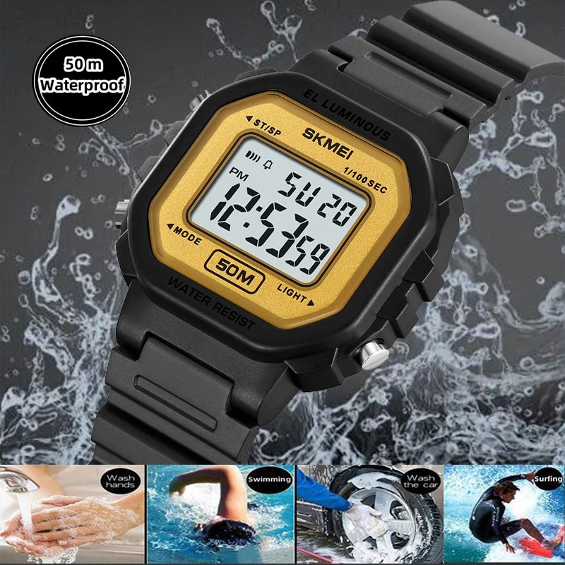 Skmei Womens LED Chronograph Sports Watches Fashion TPU Strap Waterproof Swimming Digital Electronic Wristwatch