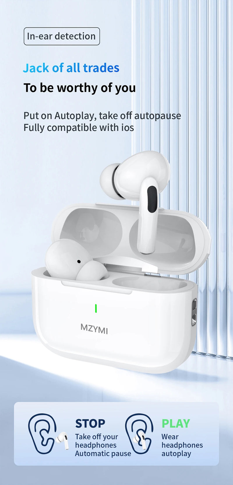 MZYMI ANC Bluetooth 5.3 Earphones In Ear Buds Waterproof Headphones Wireless Headset Built-in Microphone With Charging Case