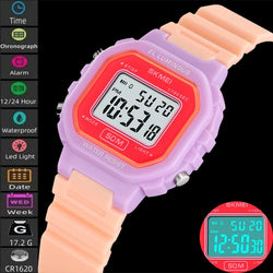 Skmei Womens LED Chronograph Sports Watches Fashion TPU Strap Waterproof Swimming Digital Electronic Wristwatch