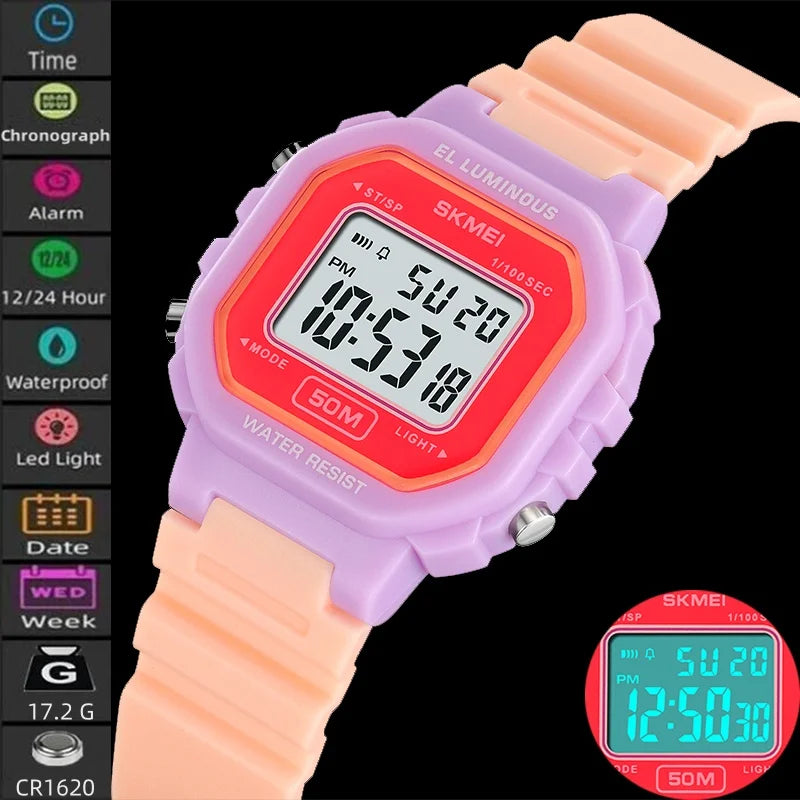 Skmei Womens LED Chronograph Sports Watches Fashion TPU Strap Waterproof Swimming Digital Electronic Wristwatch