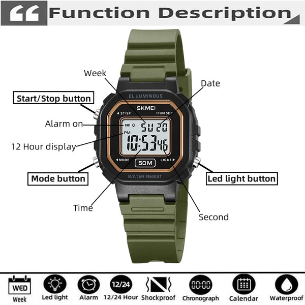 Skmei Womens LED Chronograph Sports Watches Fashion TPU Strap Waterproof Swimming Digital Electronic Wristwatch