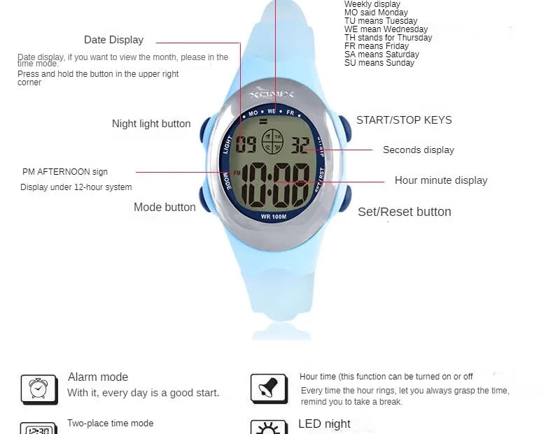 Woman Student Multi-function Waterproof 100m Sports Swim Dive Alarm Stopwatch Luminous Electric Watch LD