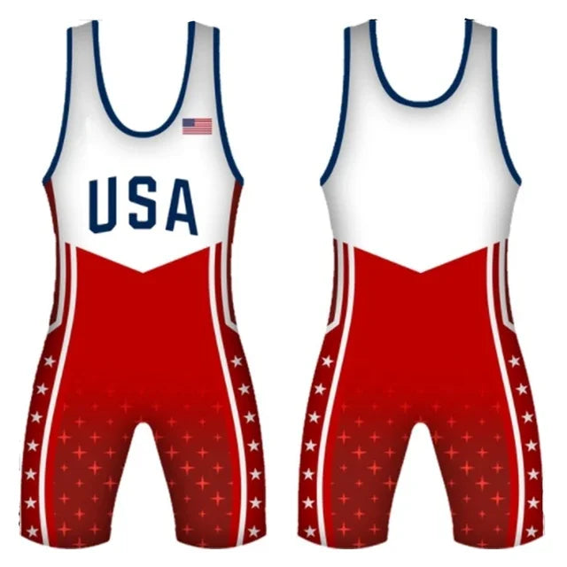 New Style Mens Usa Wrestling Singlets Suit Sleeveless Weightlifting Clothing Boxing Skinsuit One-piece Tights Run Race Speedsuit