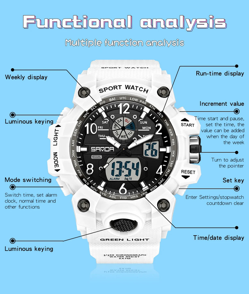 Fashion Sanda Brand Youth Military Sports Trend Korean Electric Led Multifunction Lady Creative Personality Student Gift Watch