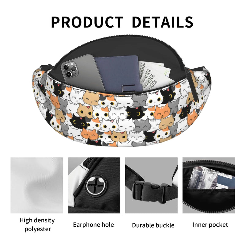 Kawaii Cats Casual Fanny Pack for Men Women Cartoon Anime Cat Chest Bag Waist Bag with Adjustable Belt for Travel Sports Running