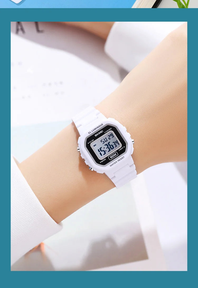 Skmei Womens LED Chronograph Sports Watches Fashion TPU Strap Waterproof Swimming Digital Electronic Wristwatch